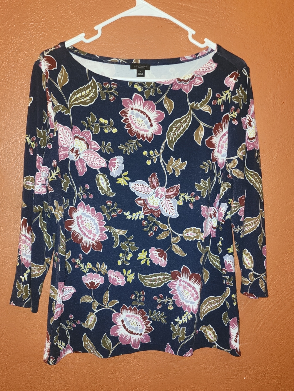 Ann Taylor Factory Navy Floral Print Top with Pink & Olive Accents